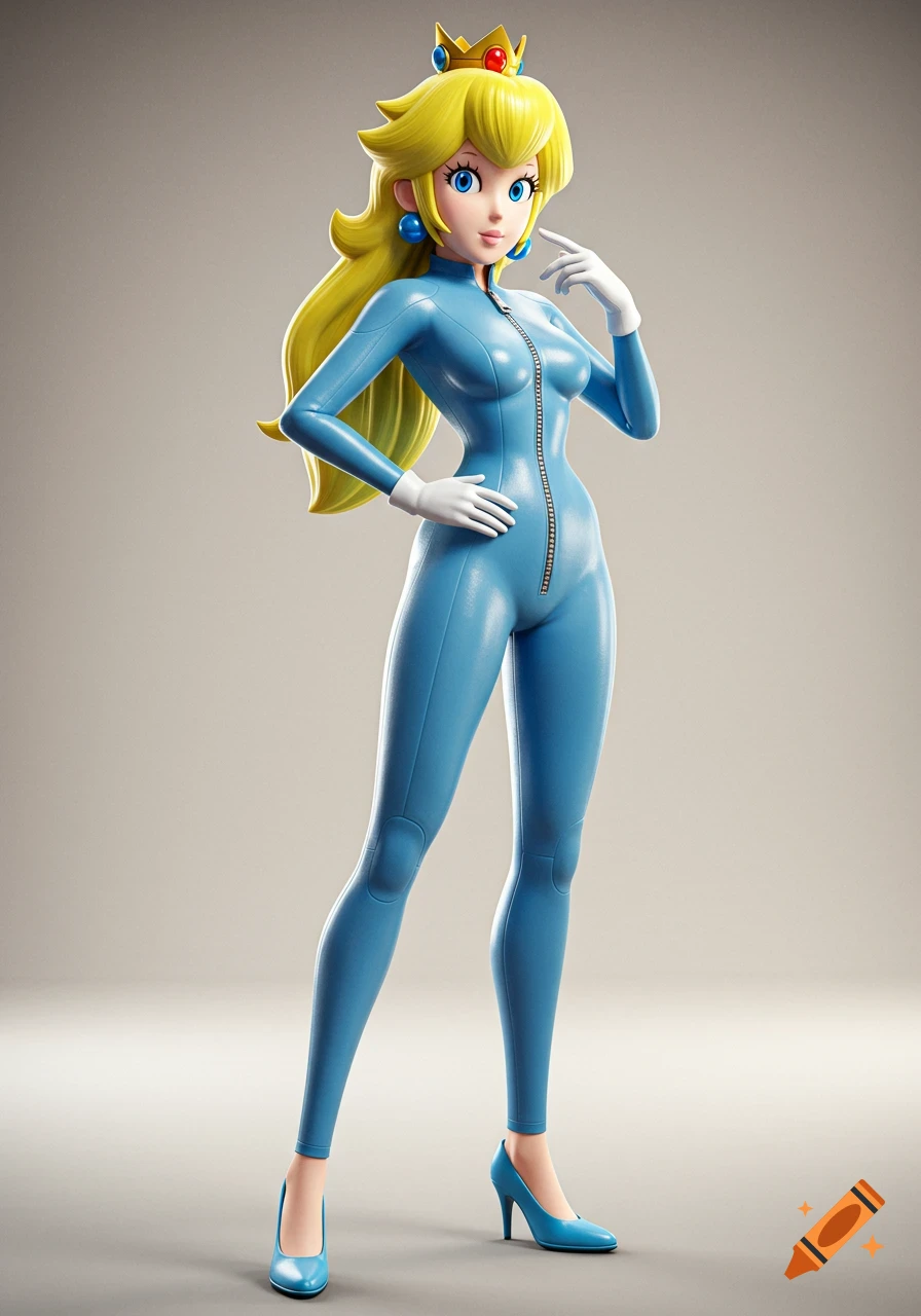 A 3D render of Princess Peach wearing a form-fitting blue jumpsuit, white gloves, and blue high heels.