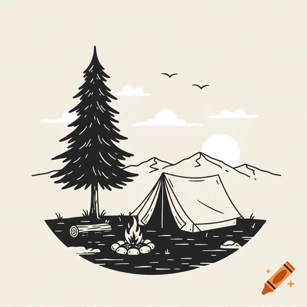 Black and white minimalist drawing of a camping scene with a tent, pine tree, campfire, mountains, and sun.