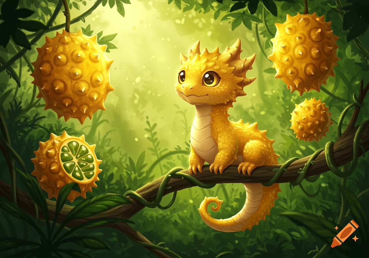 A cute, cartoonish yellow baby Kiwano-themed dragon perched on a branch, surrounded by ripe kiwano fruits in a lush green jungle illustration.