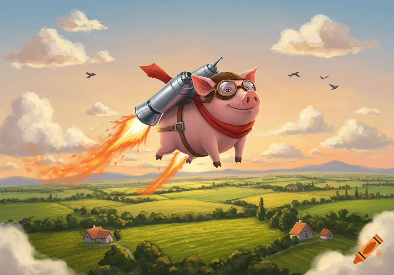 A cheerful cartoon pig in goggles and a red scarf flies with a jetpack over a green rural landscape under a sunny sky.