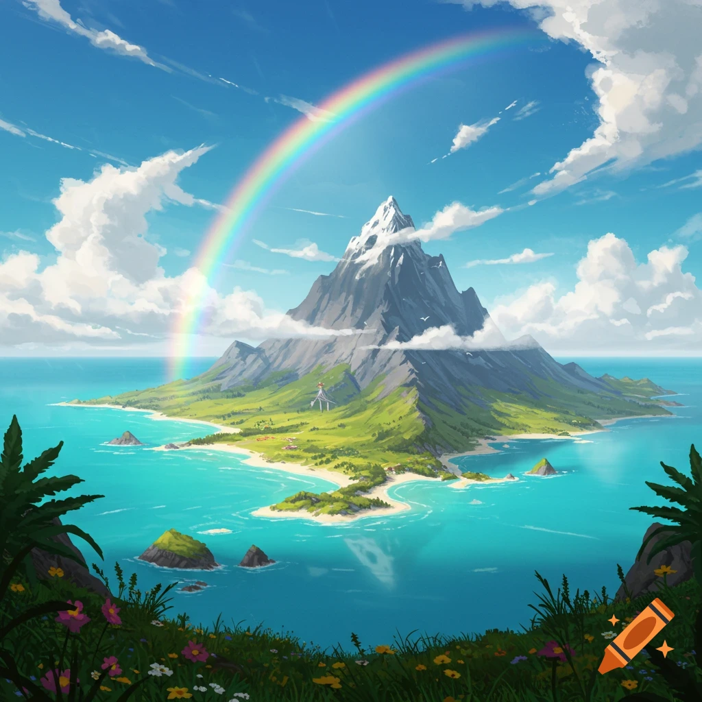 A vibrant fantasy island with a towering snow-capped mountain, lush green land, turquoise ocean, and a bright rainbow stretching across the blue sky.