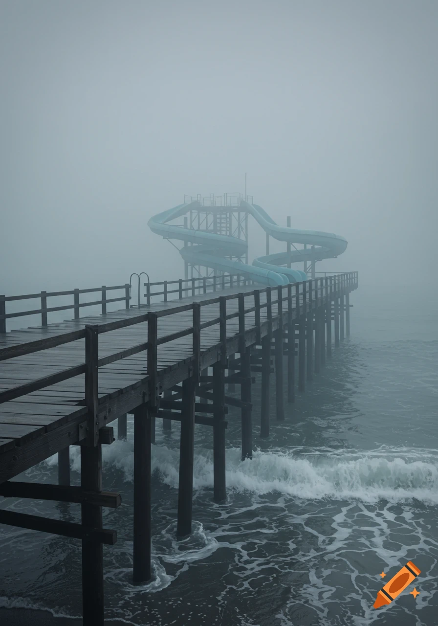 A long wooden pier extends into a misty, grey ocean, with a tall, spiraling blue water slide visible through the fog at its end. Waves crash around the pier supports.