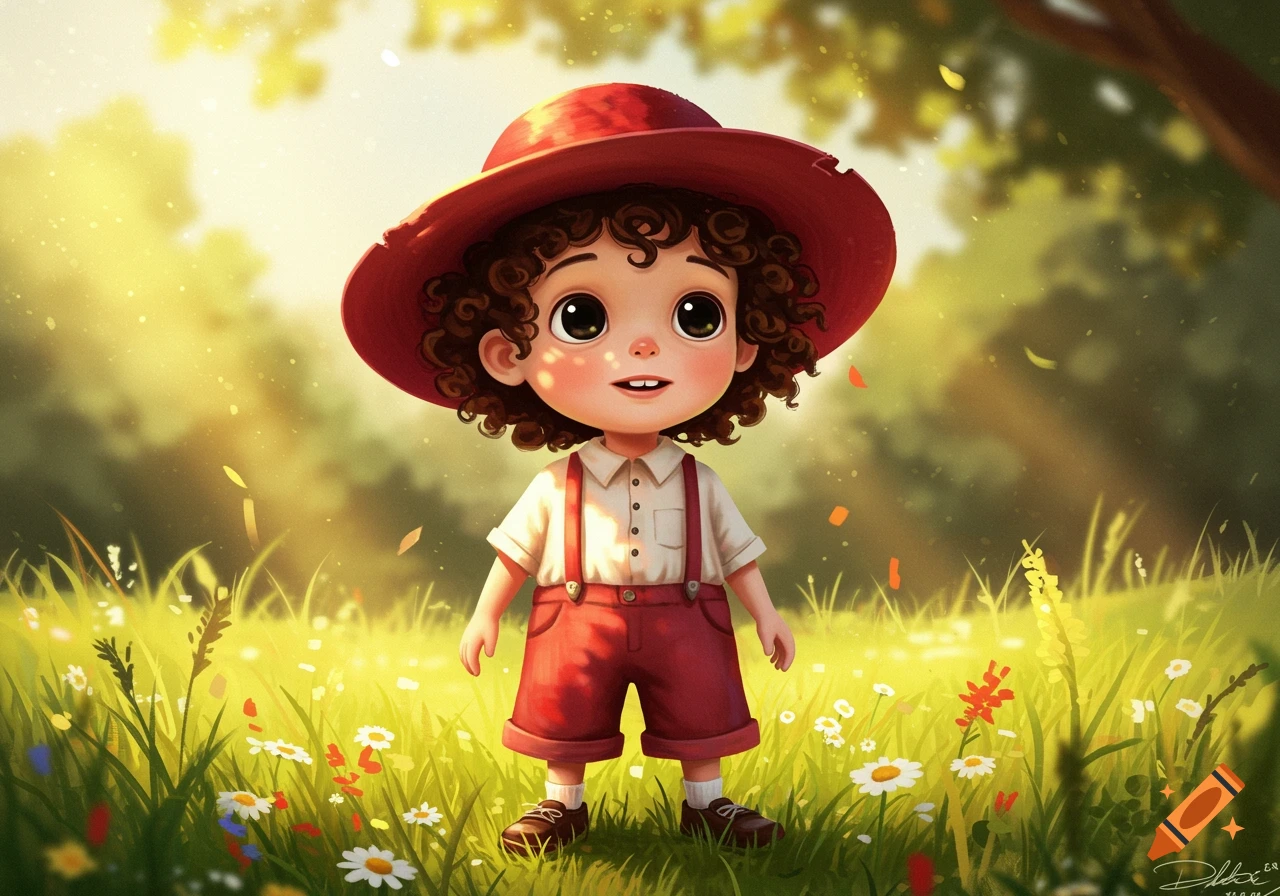 A whimsical cartoon boy with curly hair and a red hat stands smiling in a sunny green field with flowers.
