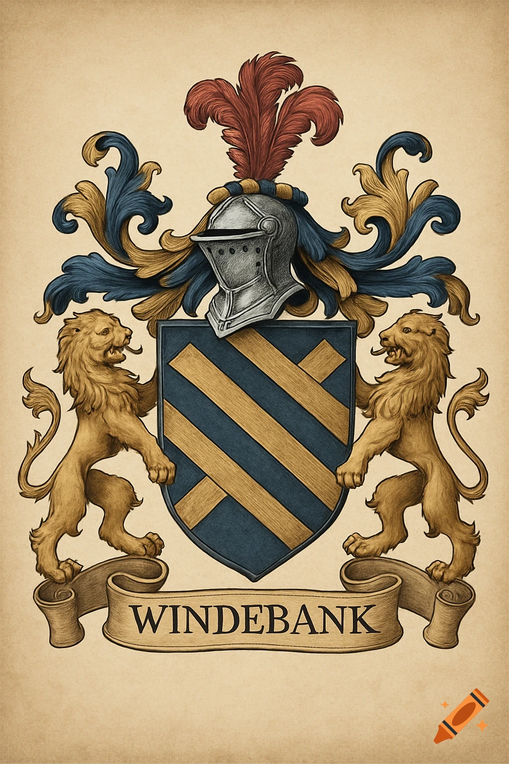 A detailed, illustrated coat of arms featuring a silver helmet, blue and gold striped shield, two golden lions rampant, and a banner with 'WINDEBANK' written on it.