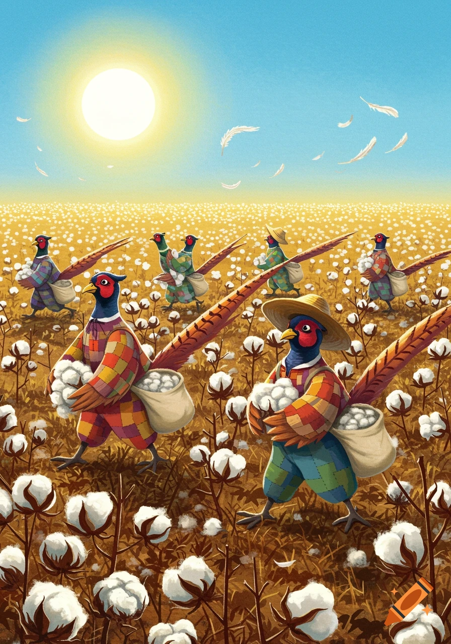 Cartoon pheasants in checkered outfits pick cotton in a sunny field, carrying full sacks.