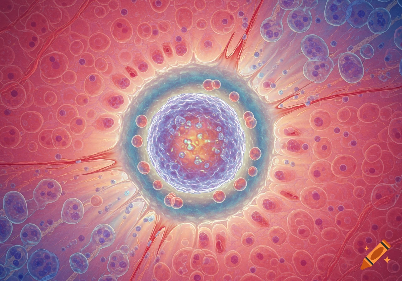 Close-up microscopic view of a vibrant central cell surrounded by smaller, reddish cells and capillaries.