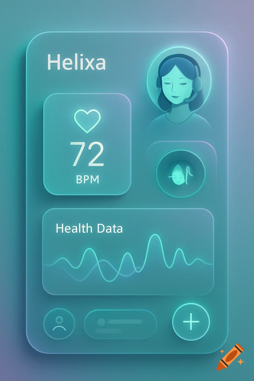 A minimalist, futuristic AI health application interface in green and blue tones, displaying heart rate data, a health graph, and a user avatar.