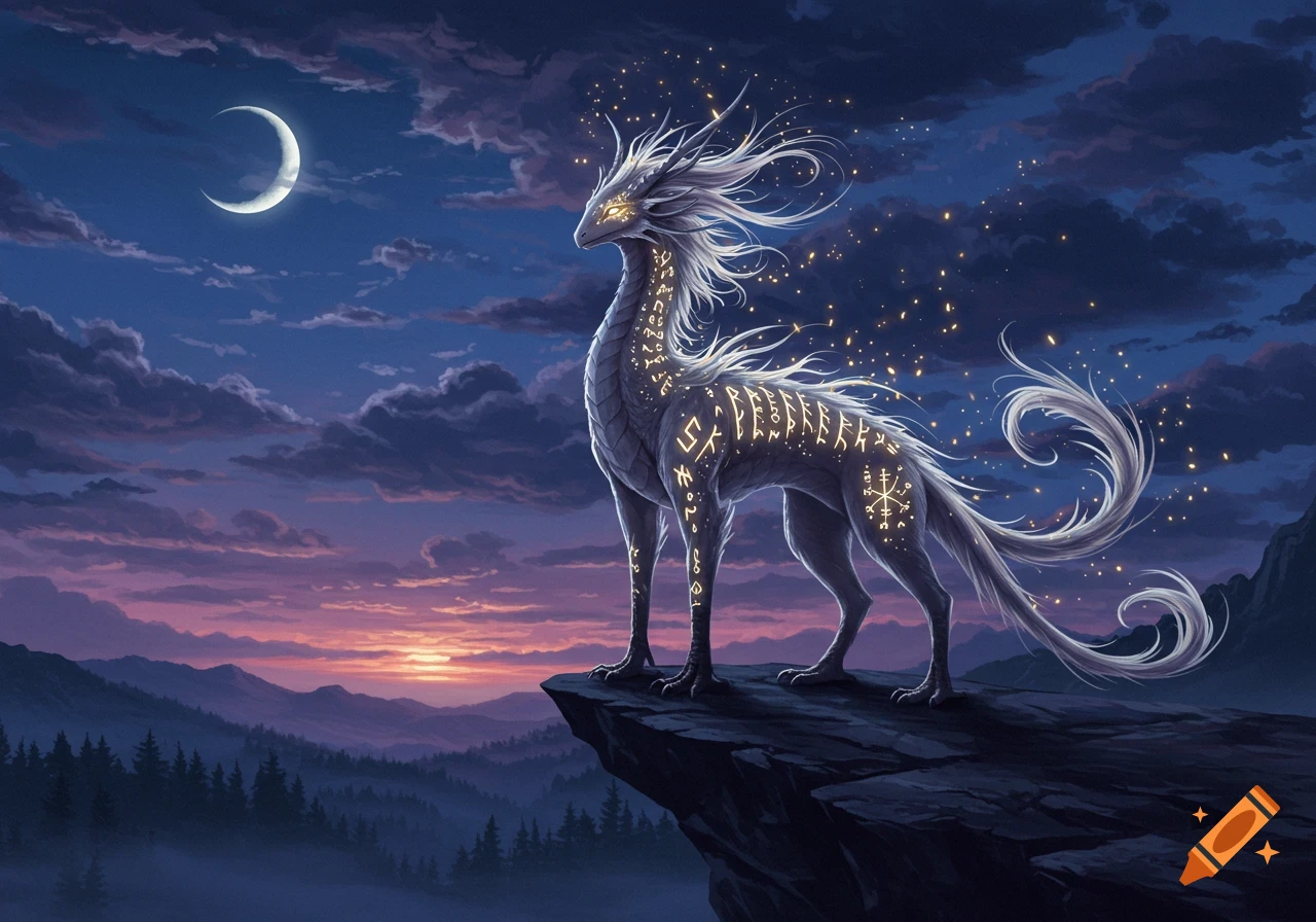 A mythical, white, glowing creature with runes on its body stands on a cliff overlooking a forest at sunset under a crescent moon.