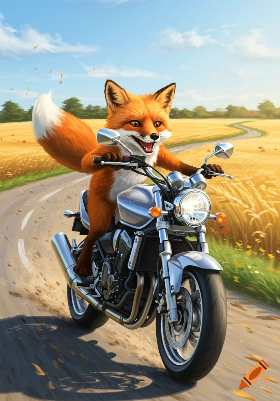 A happy cartoon fox with orange fur rides a silver motorcycle on a winding dirt road through golden fields under a blue sky.