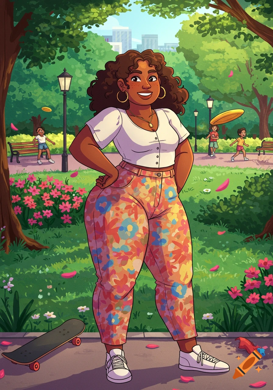 A cartoon woman with curly hair and patterned pants smiles in a sunny park as children play in the background.