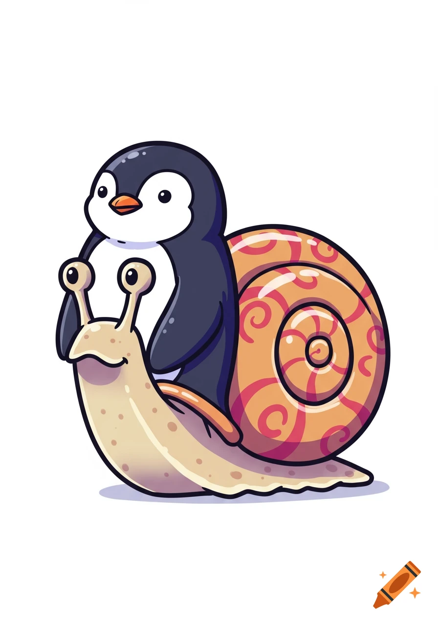 A cute cartoon penguin riding on the back of a large, happy snail with a spiral shell, on a plain white background.