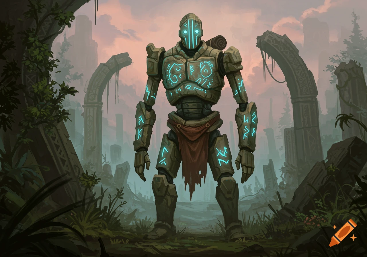 A stone android with glowing blue runes stands amidst ancient, overgrown ruins, wearing a tattered cloth.