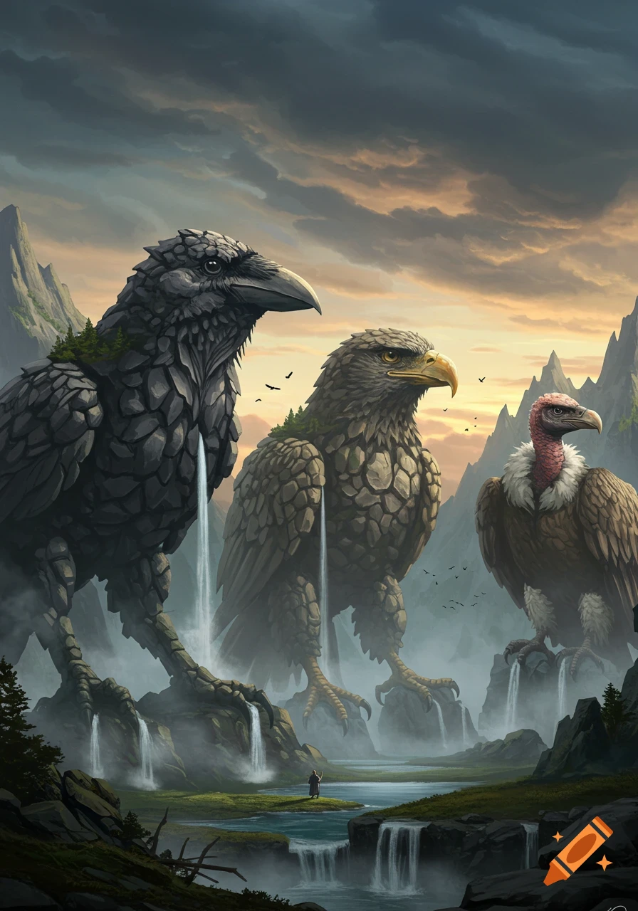 Three colossal rock creatures resembling a raven, eagle, and vulture stand in a misty mountain landscape with waterfalls, a tiny human below.