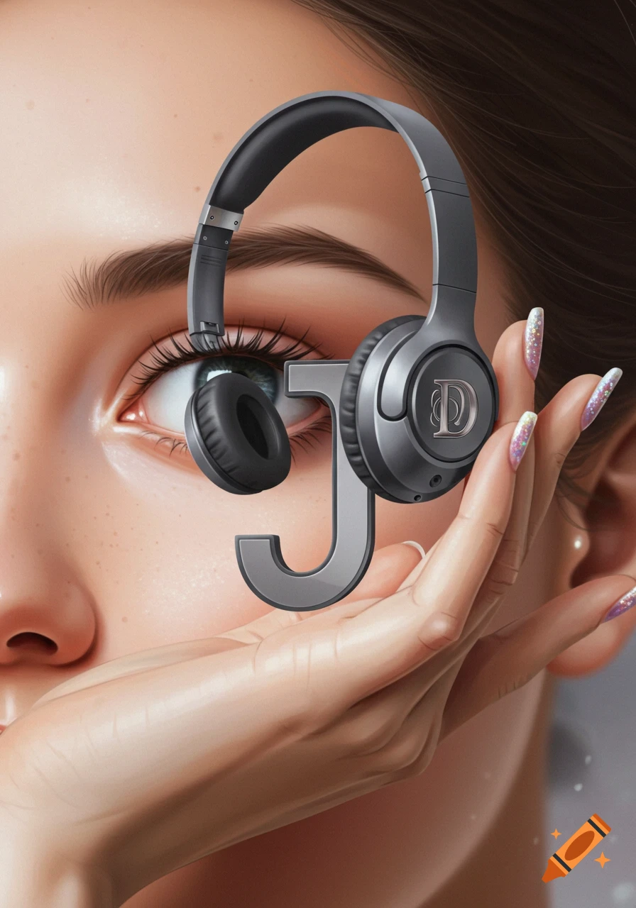 Close-up digital art of a woman's eye and hand holding headphones that resemble the letter D and a metallic letter J.