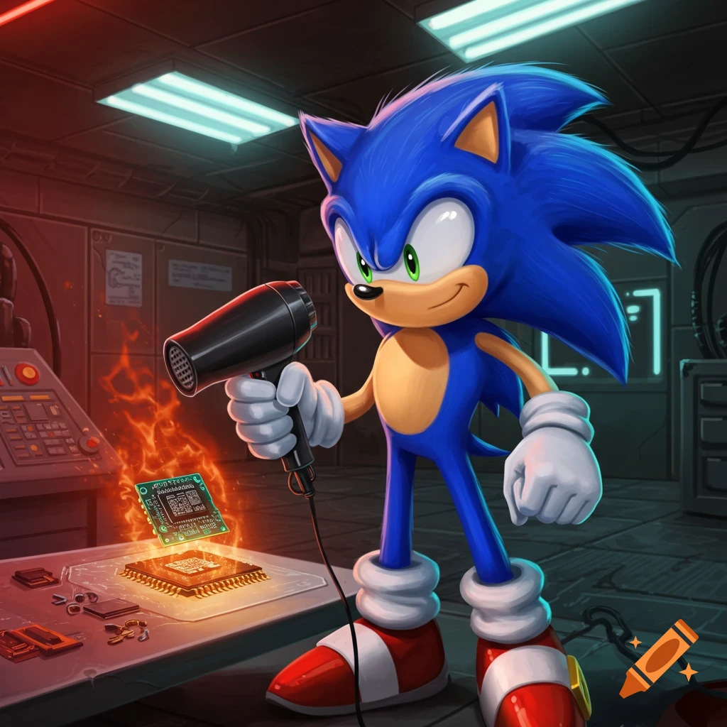 Sonic the Hedgehog heats an FPGA board with a hair dryer in a glowing, futuristic workshop.