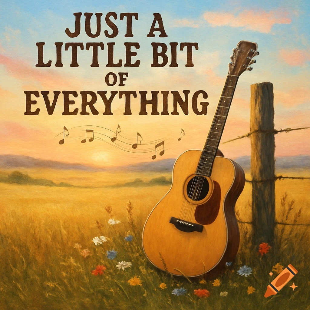 Painterly album cover: acoustic guitar leaning on a fence post in a field of wildflowers at sunset. Text: "Just A Little Bit of Everything" and musical notes.