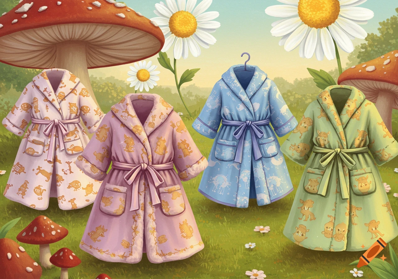 Four colorful children's robes with cartoon animal patterns stand in a whimsical forest clearing with large mushrooms and daisies.
