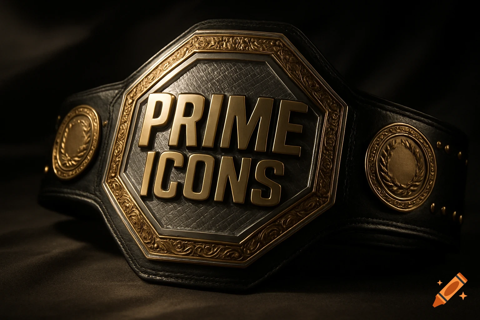 Photorealistic close-up of a championship belt with 'PRIME ICONS' in gold on a silver main plate, featuring ornate gold trim and a black leather strap, dramatically lit.