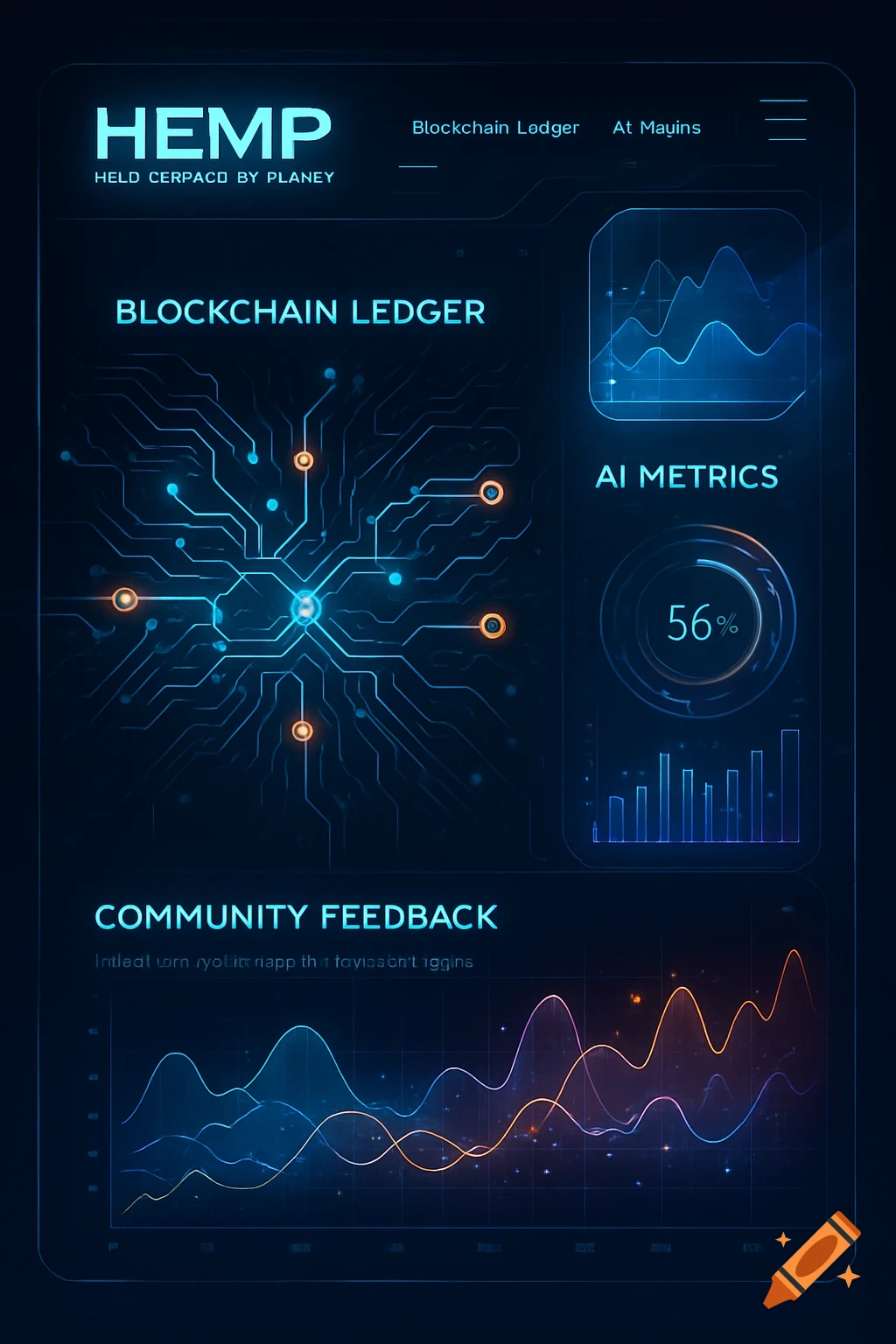 A futuristic blue UI/UX design featuring blockchain ledger, AI metrics, and community feedback sections with graphs and circuit patterns.