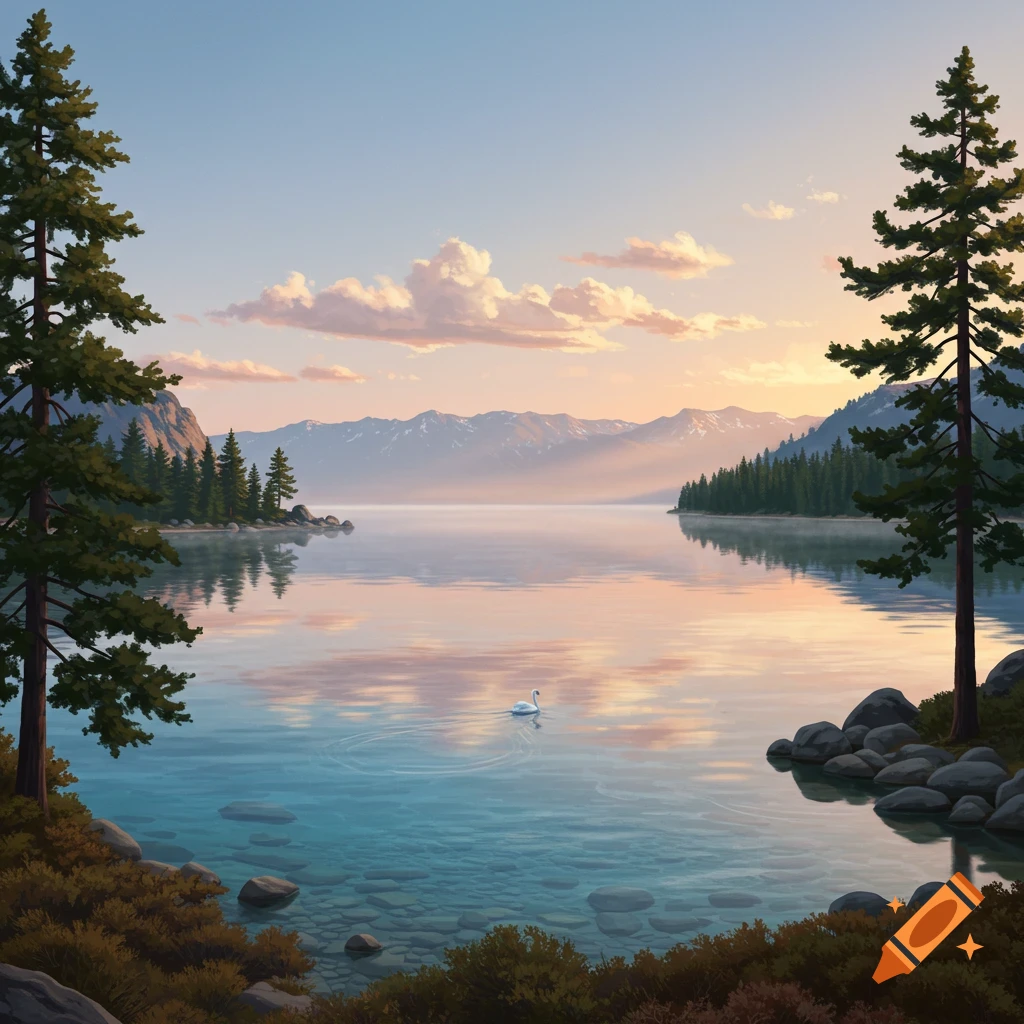 A tranquil lake at sunrise with mountains, pine trees, and a lone swan on the water, digital painting.