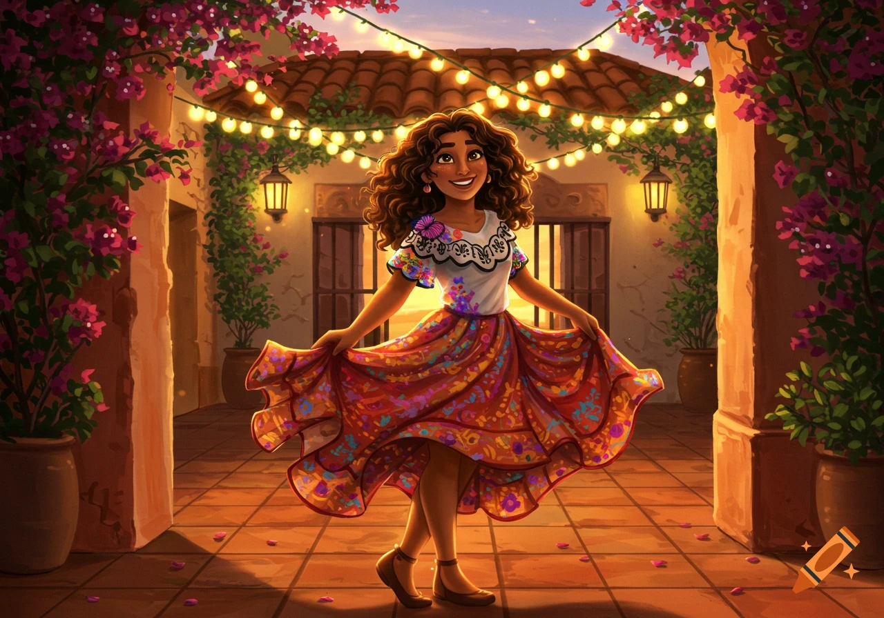 A smiling Latina cartoon character with curly hair wearing a vibrant traditional dress, dancing under string lights and bougainvillea.