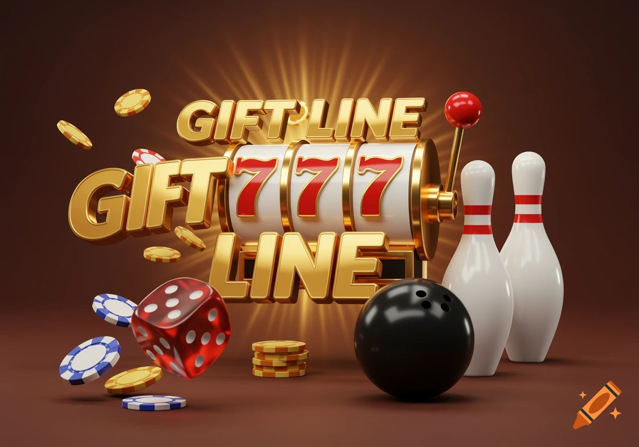 A 3D render of a golden slot machine with 'GIFT LINE' and '777' text, surrounded by casino chips, a red die, a bowling ball, and bowling pins.