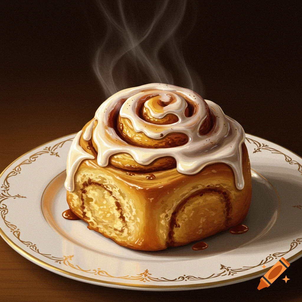 Warm cinnamon roll topped with white icing, steaming on a white plate with gold trim.