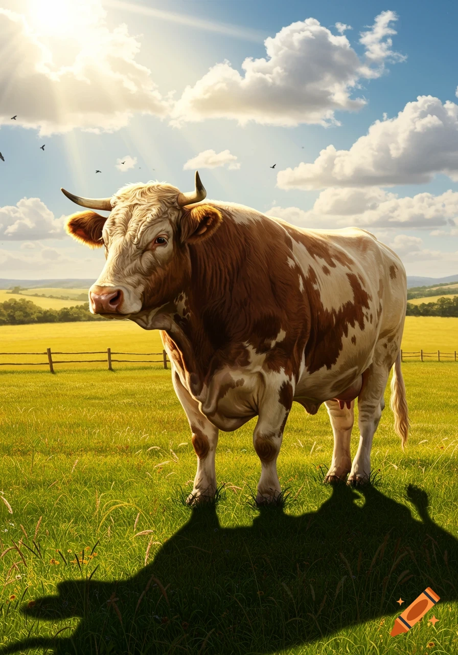 A large brown and white cow stands in a sunlit green field under a blue sky with clouds and distant hills.