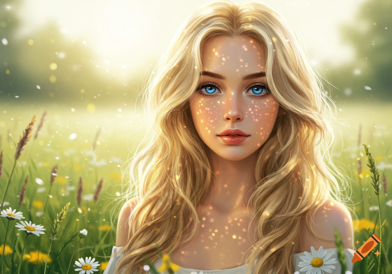 A young woman with long blonde hair and blue eyes stands in a sunny field with sparkling light, surrounded by wildflowers.
