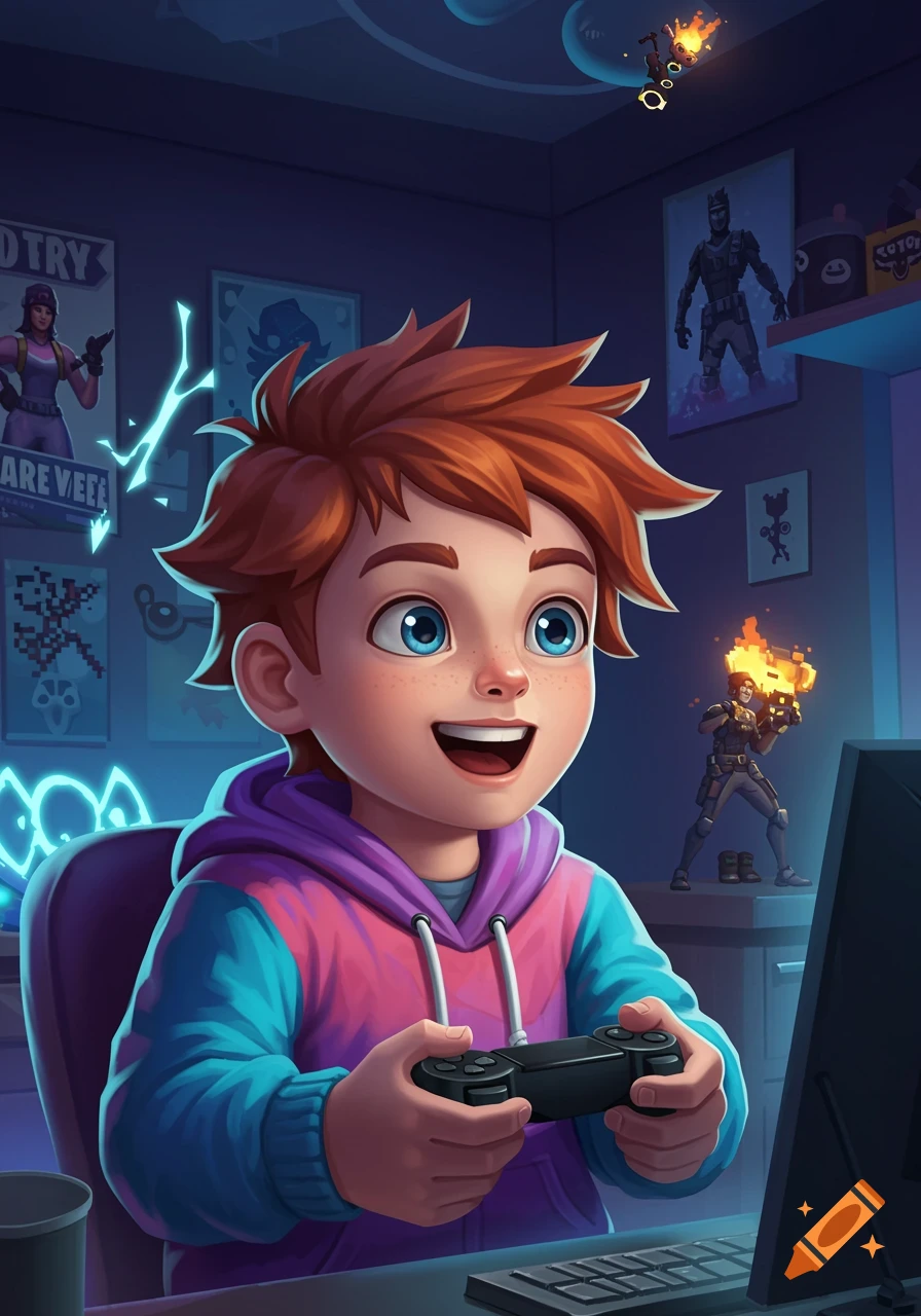 A smiling red-haired boy in a pink and blue hoodie plays video games with a controller in a dark room filled with posters, in a cartoon illustration style.