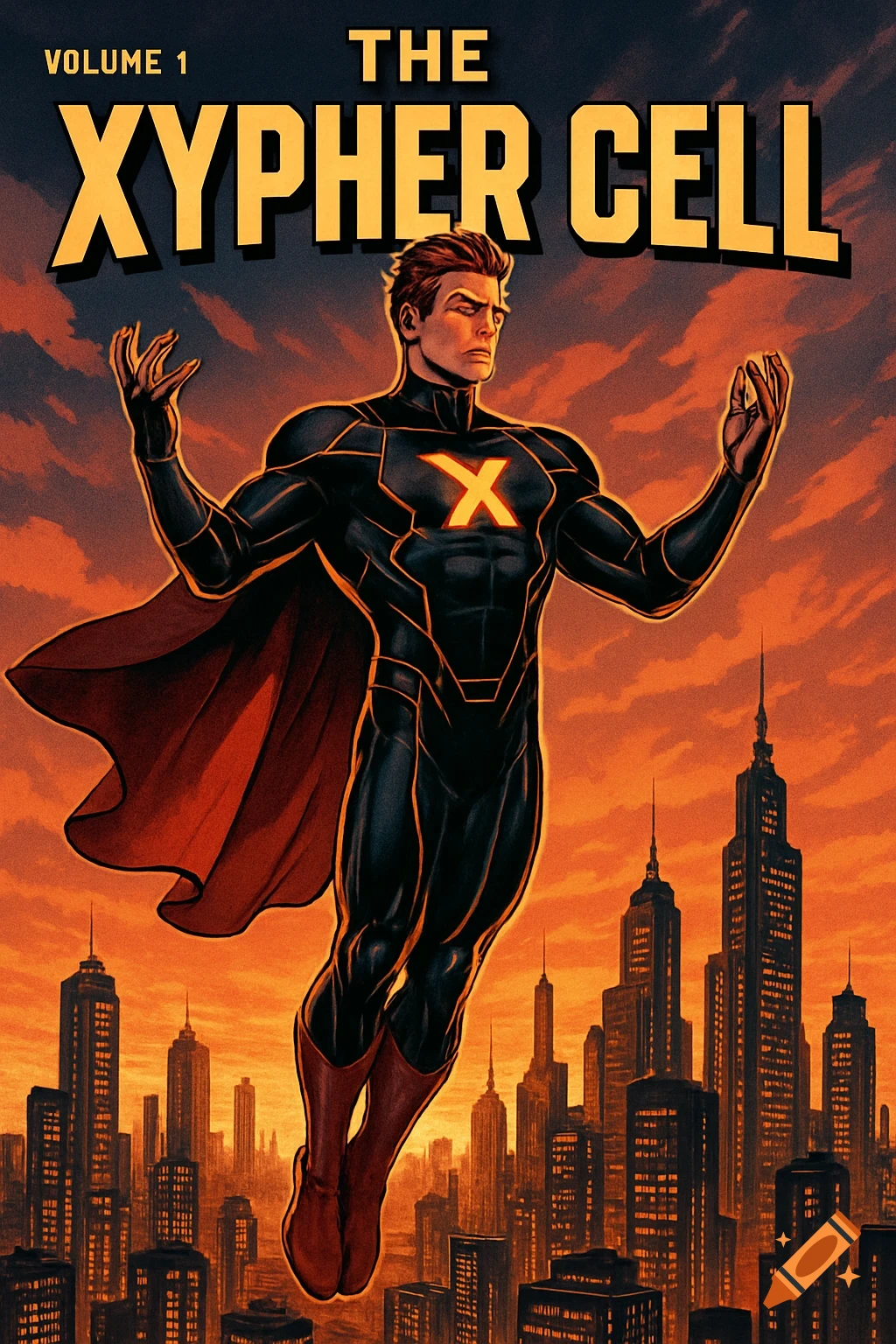 A superhero in a black suit with a red cape flying over a city at sunset, comic book art style.