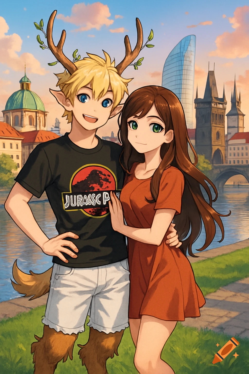 Smiling anime satyr boy with antlers and brunette girl pose by a river in Prague.
