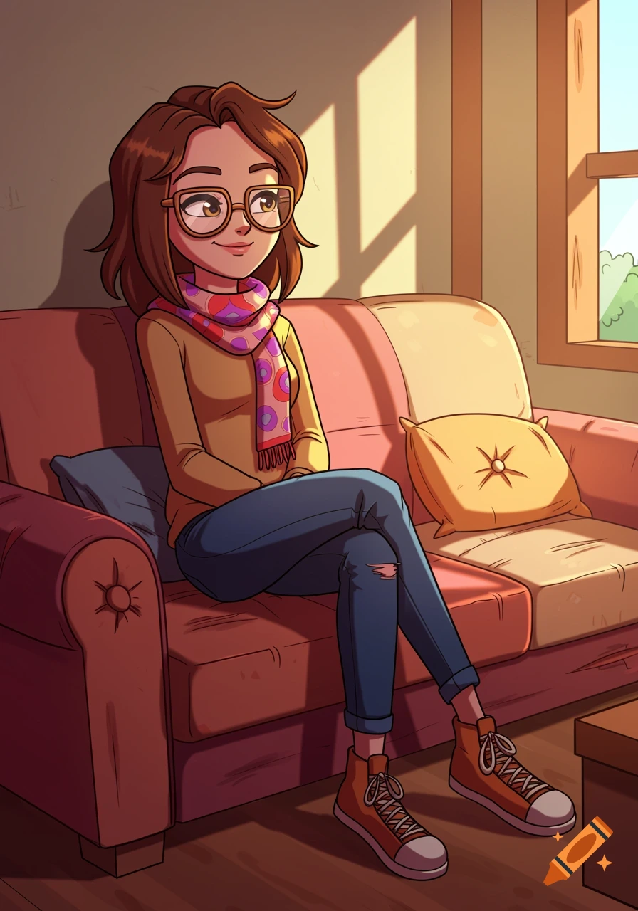 A brown-haired woman with glasses and a colorful scarf sits on a couch in a block cartoon style.