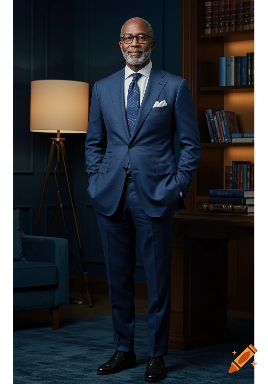Photorealistic portrait of a distinguished man in a blue suit and glasses standing in a richly decorated study.