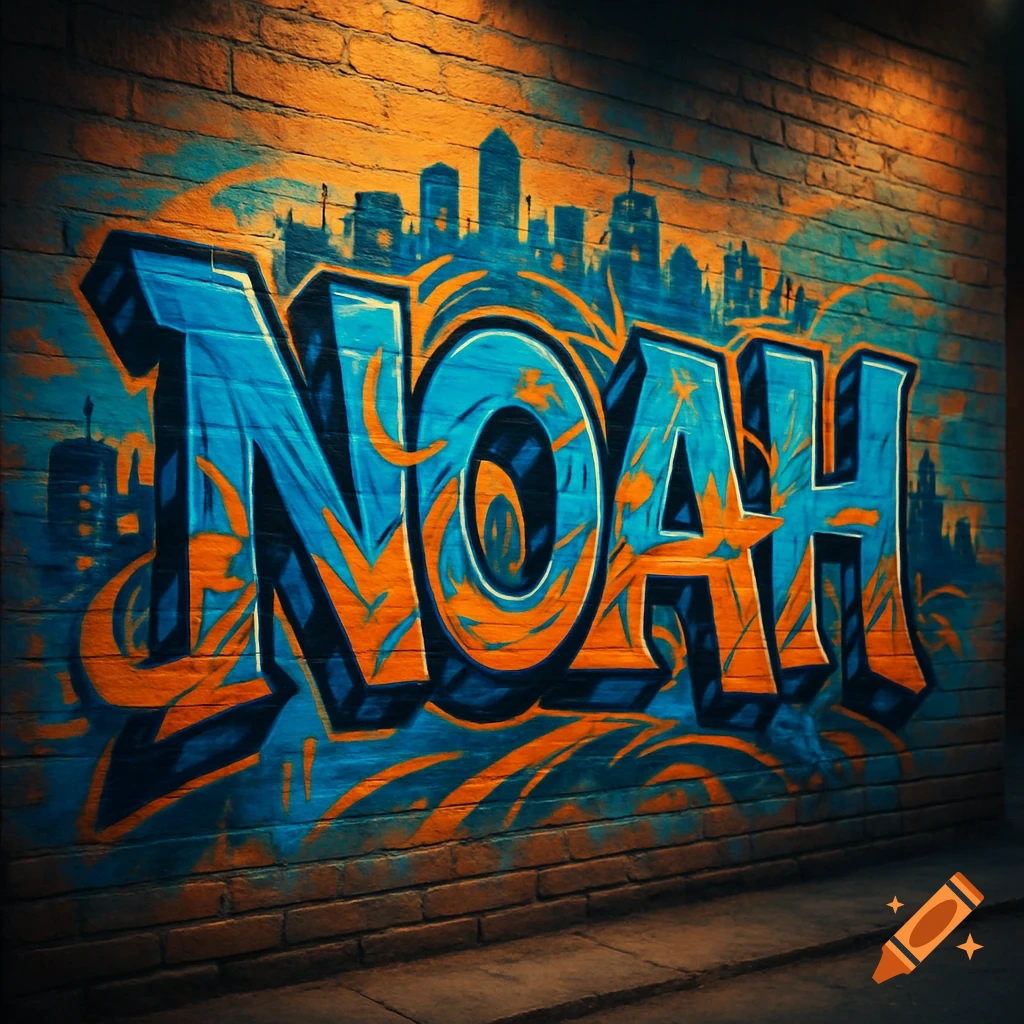 A vibrant blue and orange graffiti spelling 'NOAH' on a brick wall with a city skyline silhouette.