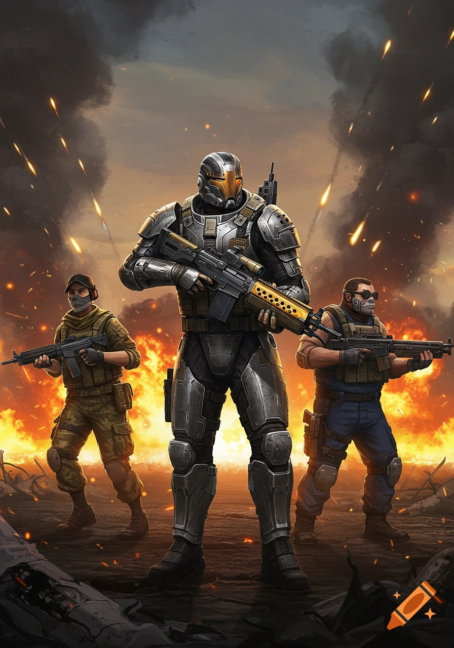 Three armed soldiers, one in sci-fi armor, standing in a burning battlefield with explosions.