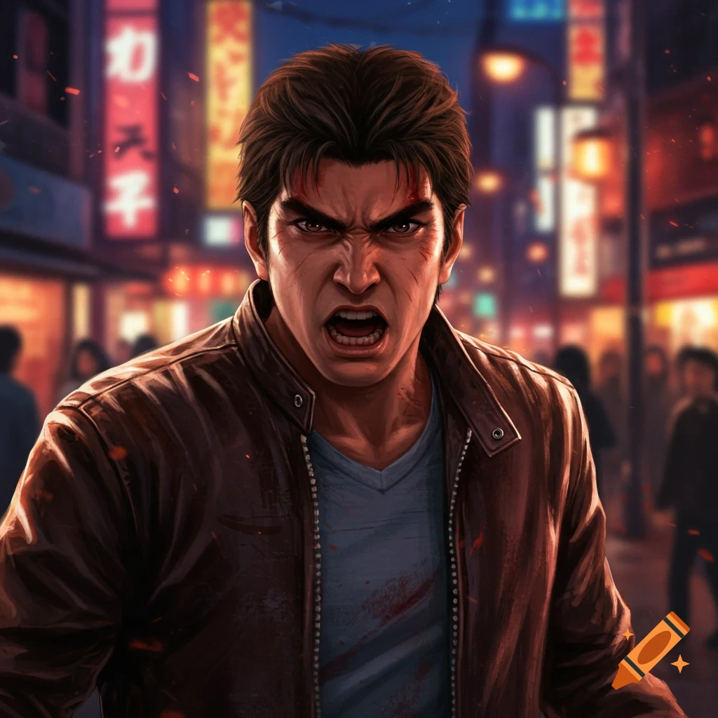 Stylized portrait of a man with spiky brown hair, wearing a brown leather jacket and blue shirt, with an angry, screaming expression and minor facial scratches. He stands against a blurred background of a neon-lit city street at night.