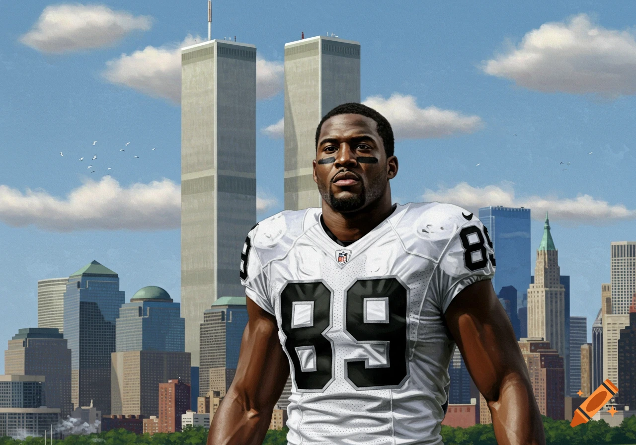 A football player in a white #89 jersey stands in front of the New York City skyline and Twin Towers.