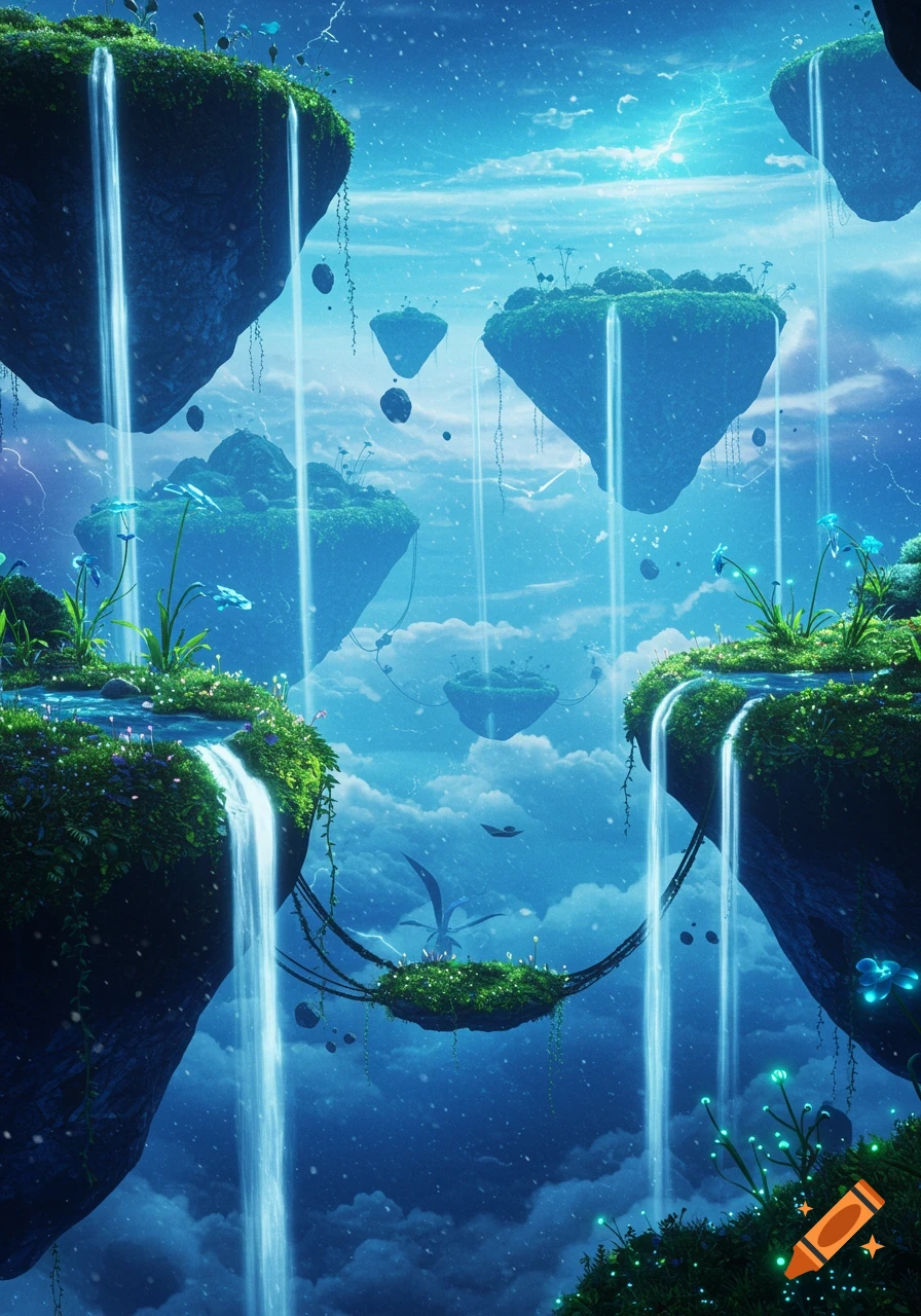 A vibrant fantasy landscape with multiple floating islands, lush green vegetation, and clear waterfalls cascading down into a cloudy blue sky.