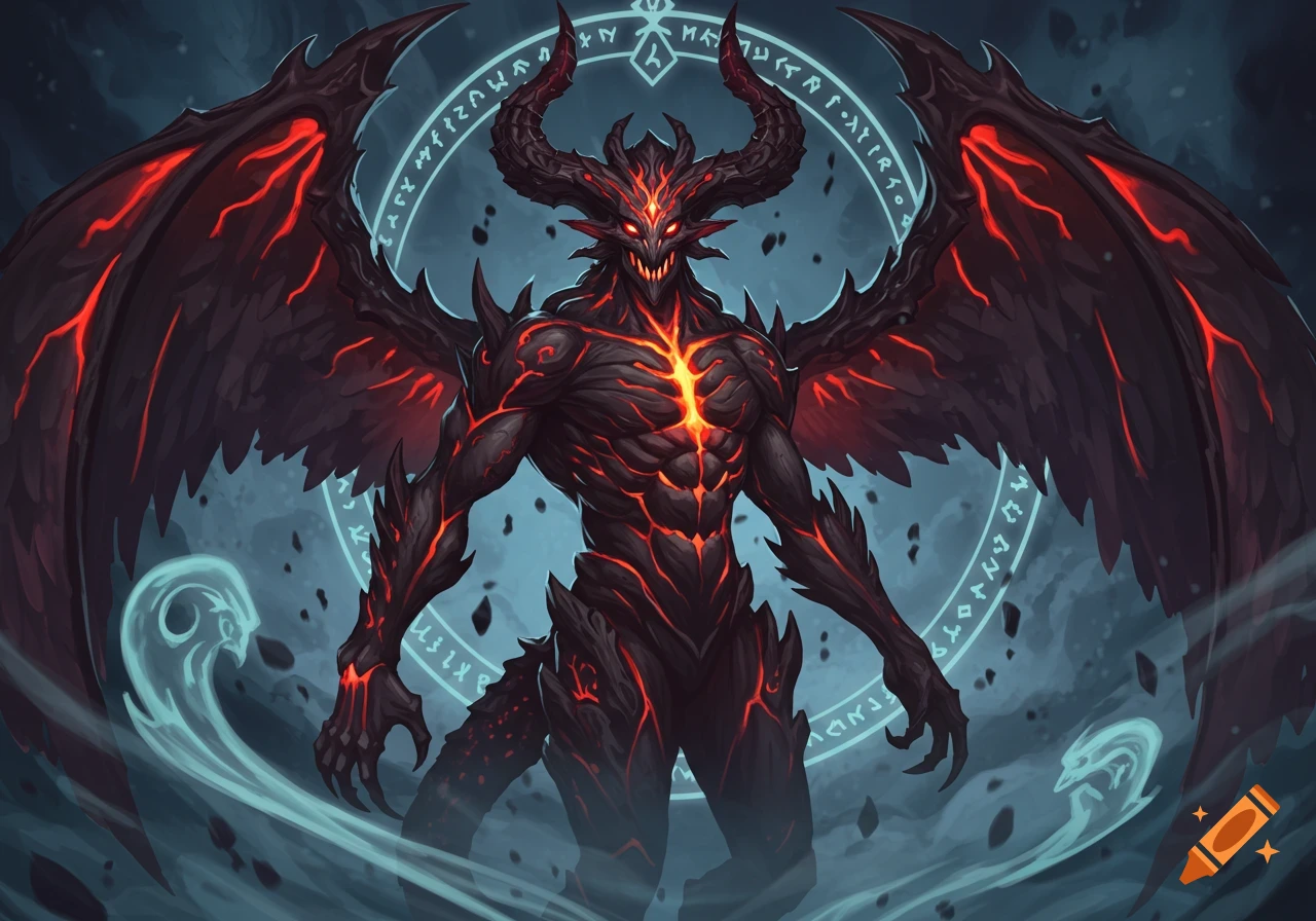 A dark, horned demon with glowing red veins and large wings stands before a glowing runic circle.