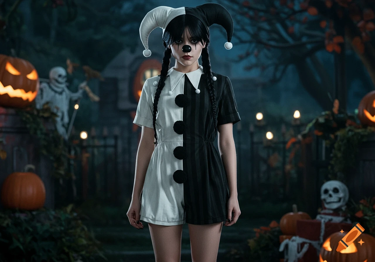 A young woman in a black and white clown costume with a jester hat stands in a spooky Halloween graveyard with pumpkins and skeletons.