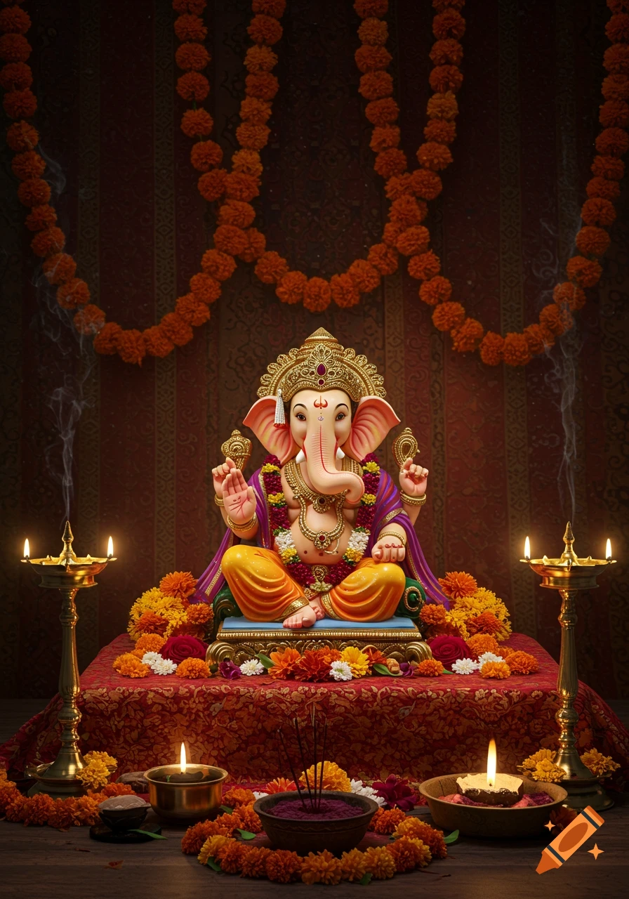Photorealistic image of a decorated Ganesha statue seated on an altar with marigold garlands, lamps, and incense.