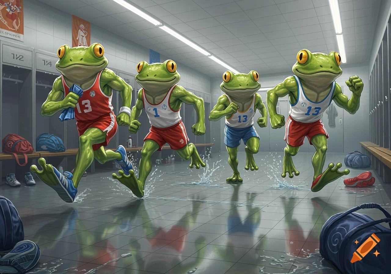 Four muscular anthropomorphic frogs wearing sports jerseys and shorts run through a wet locker room, splashing water.