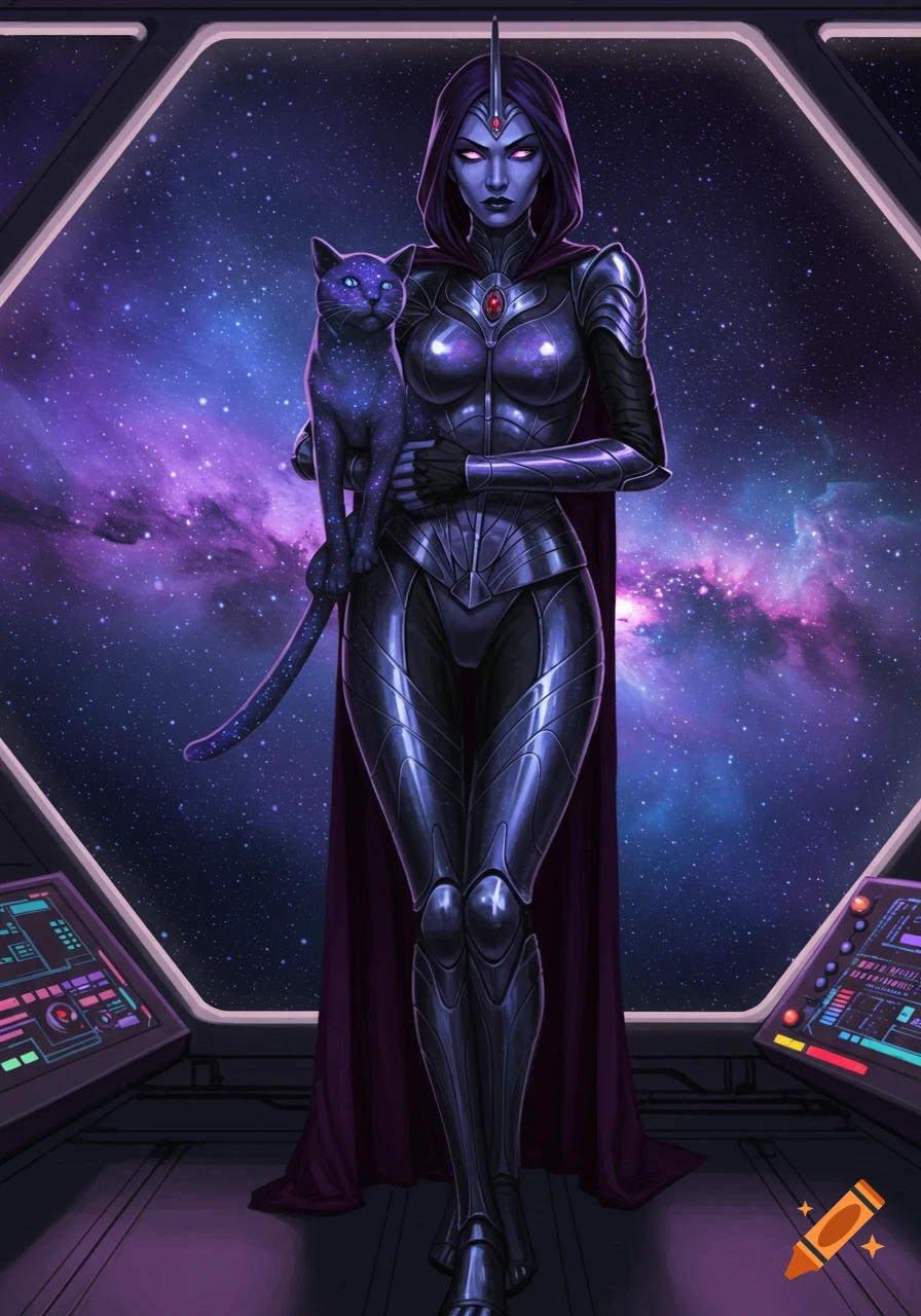 A space villainess in a metallic suit with a purple cape holds a starry cat, standing in a spaceship looking out at a nebula.