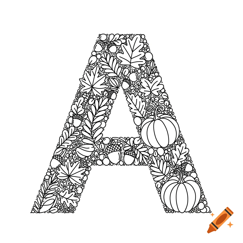 Black and white outline of the letter A filled with autumn leaves, acorns, and pumpkins.