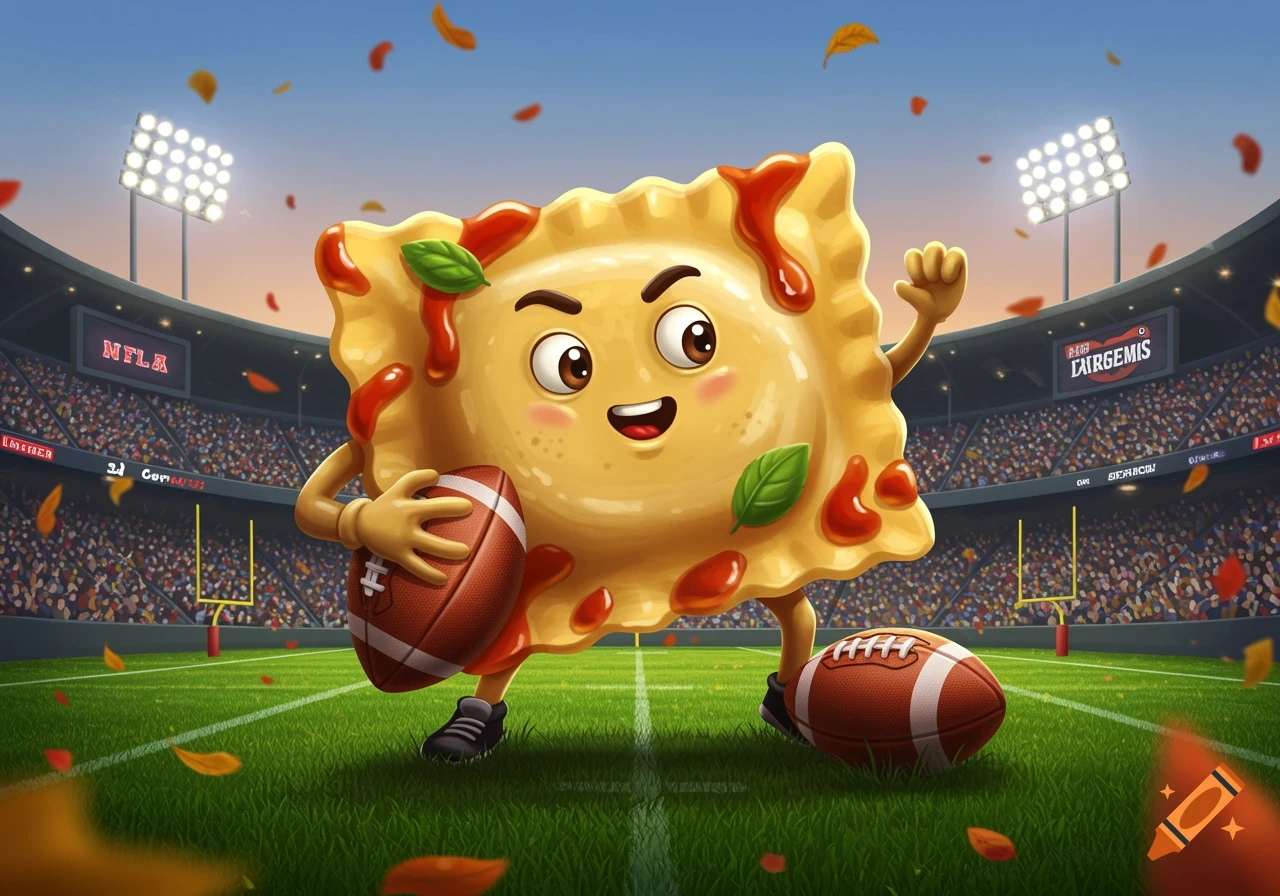A cheerful cartoon ravioli mascot holding a football in a crowded American football stadium, with autumn leaves falling.