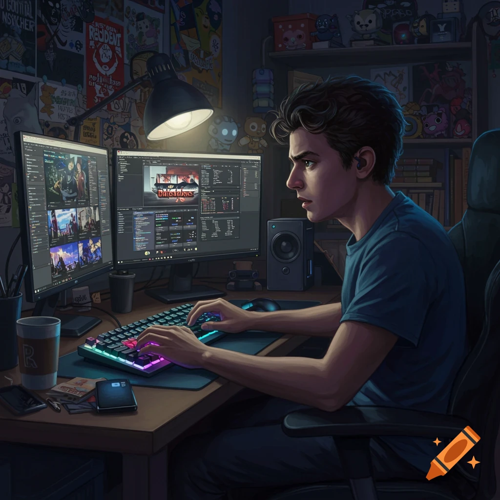 An illustration of a young man with dark hair sitting at a computer desk, looking intently at dual monitors with glowing keyboards in a dimly lit room with posters.