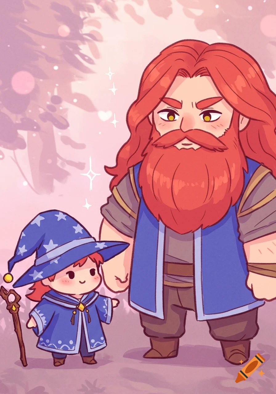A cute chibi wizard with a staff stands next to a large, red-haired bearded man in a charming cartoon style.