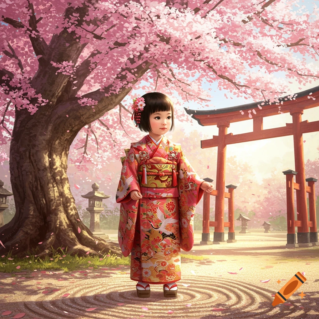A young child in a vibrant pink and red traditional Japanese kimono stands in a cherry blossom garden with a torii gate.