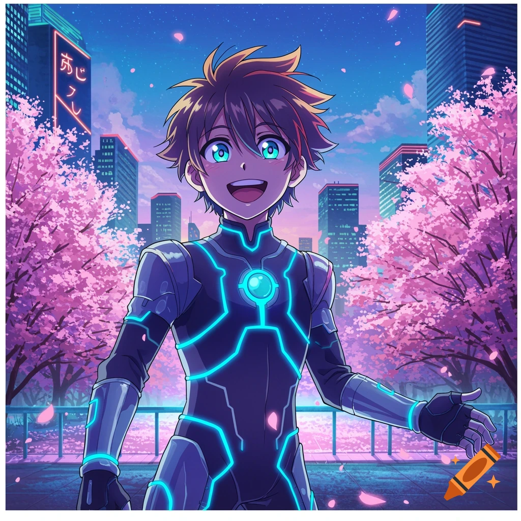 Anime boy in a futuristic glowing suit smiles in a city park with pink cherry blossoms and tall buildings at sunset.